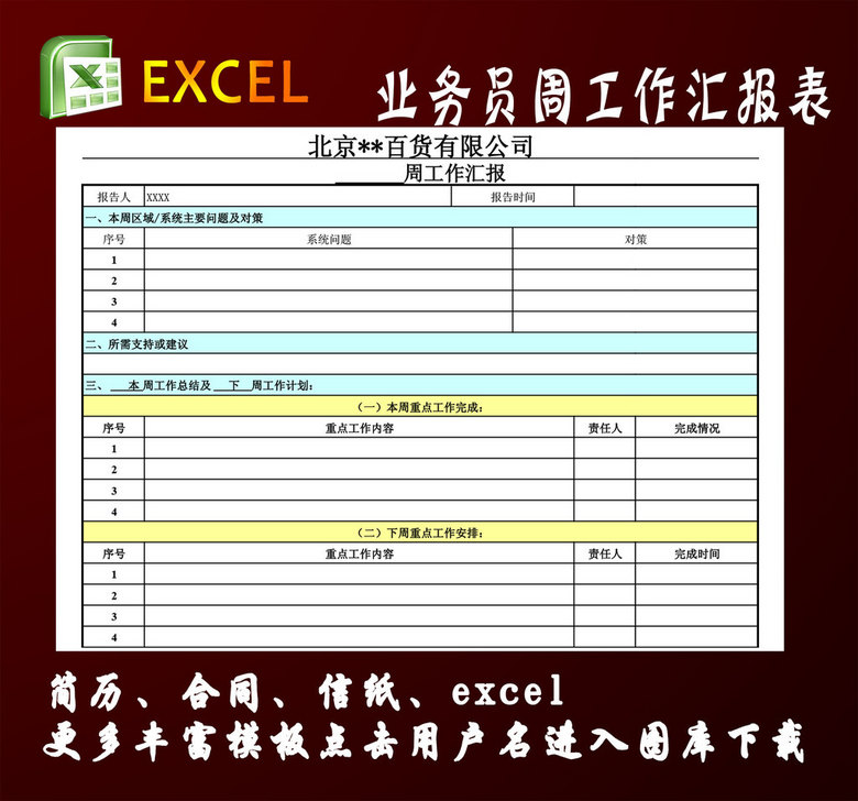 业务员周工作汇报表模板下载(图片编号:14823