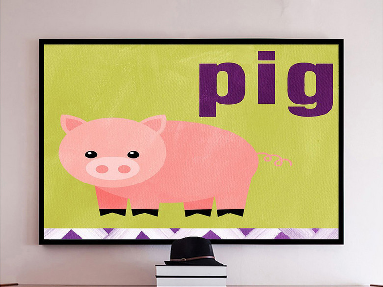 可爱卡通一只粉色小猪pig英文儿童房油画高清