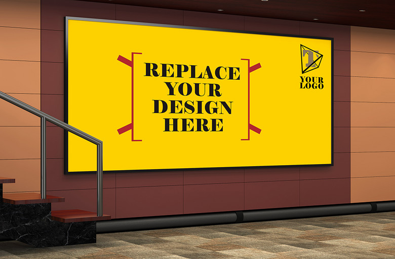 地铁楼梯口墙面广告牌智能贴图psd样机模板下