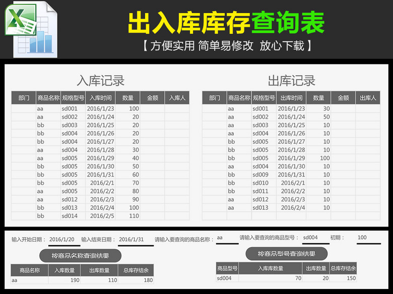 仓库商品出入库库存查询表模板模板下载(图片