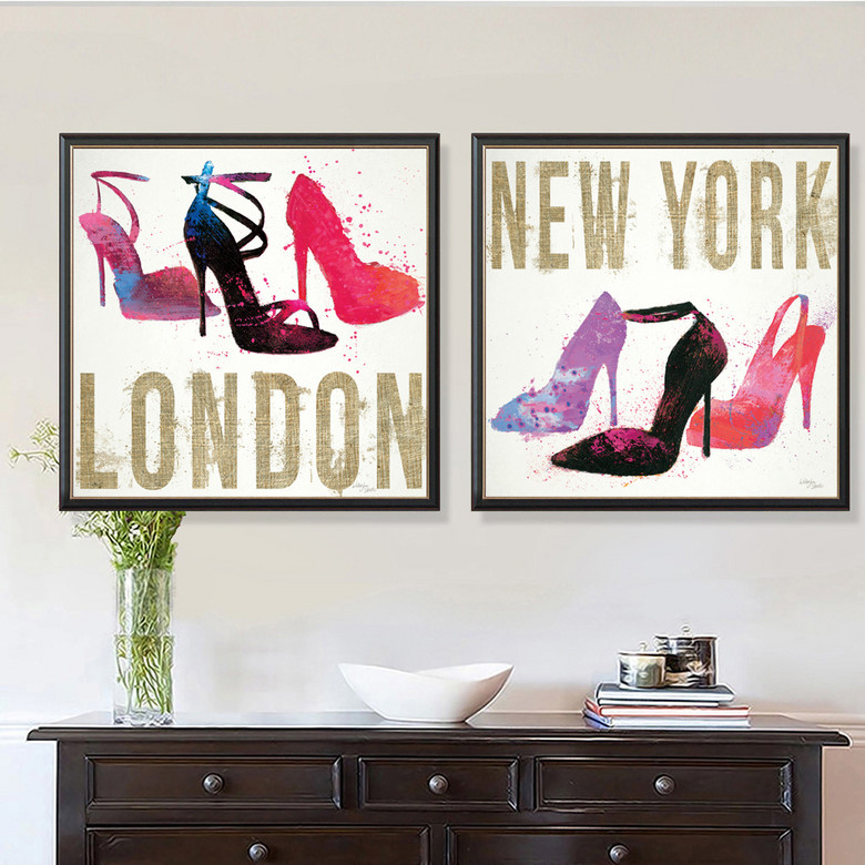 可爱卡通时尚包包高跟鞋耳环花纹服装店挂画