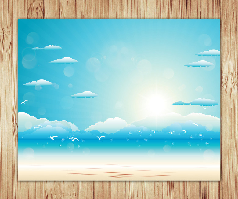 夏季海边沙滩度假蓝天白云插画风景画