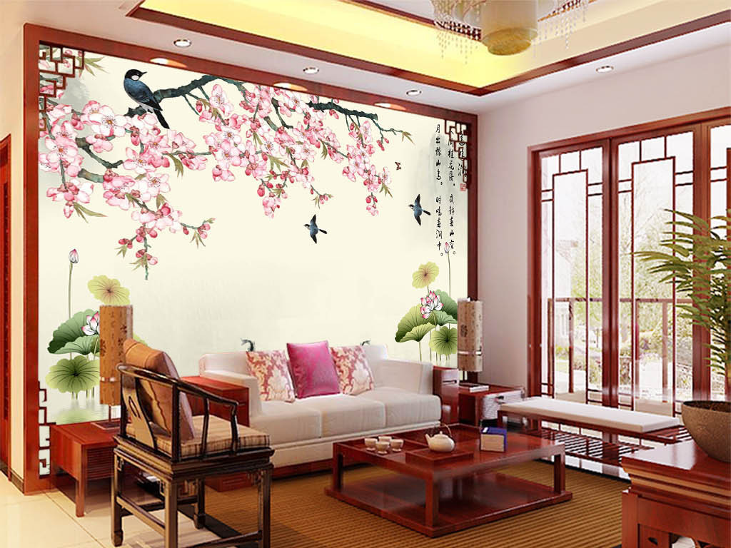 鸟鸣涧中式电视背景墙