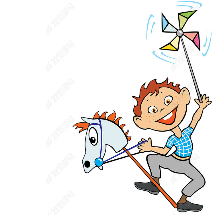 漫画风格小男孩玩木马和纸风车图片下载psd素