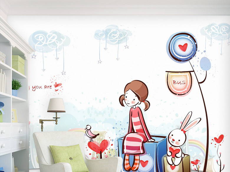 通往爱情的巴士站手绘唯美小清新家居背景墙(