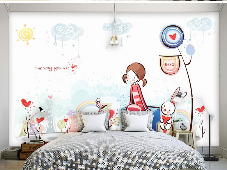 通往爱情的巴士站手绘唯美小清新家居背景墙(