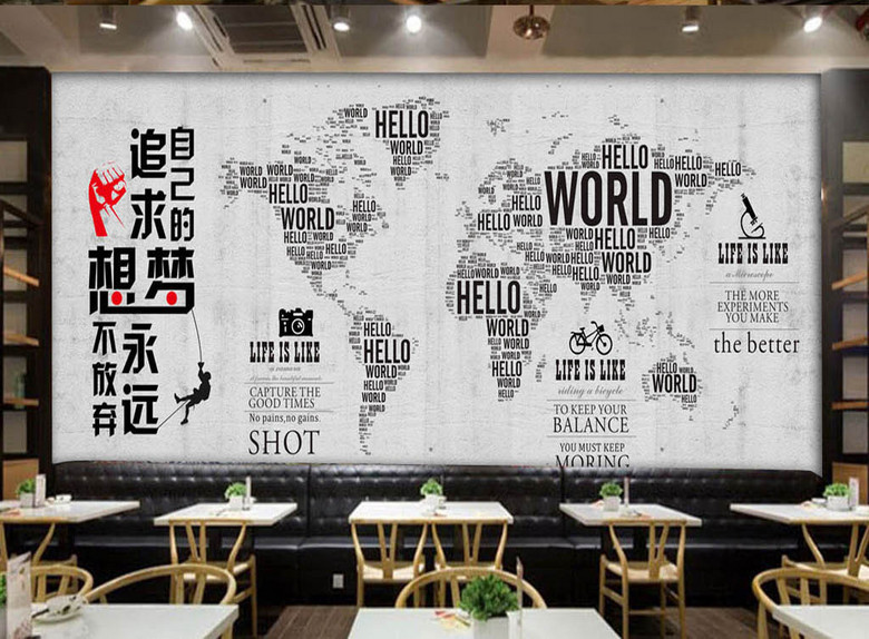 欧美工业风手绘世界地图励志标语酒标咖啡店背