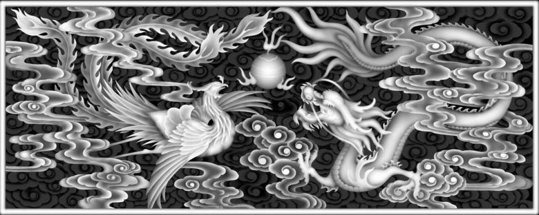 精雕图灰度图龙双呈祥祥云大龙板箱