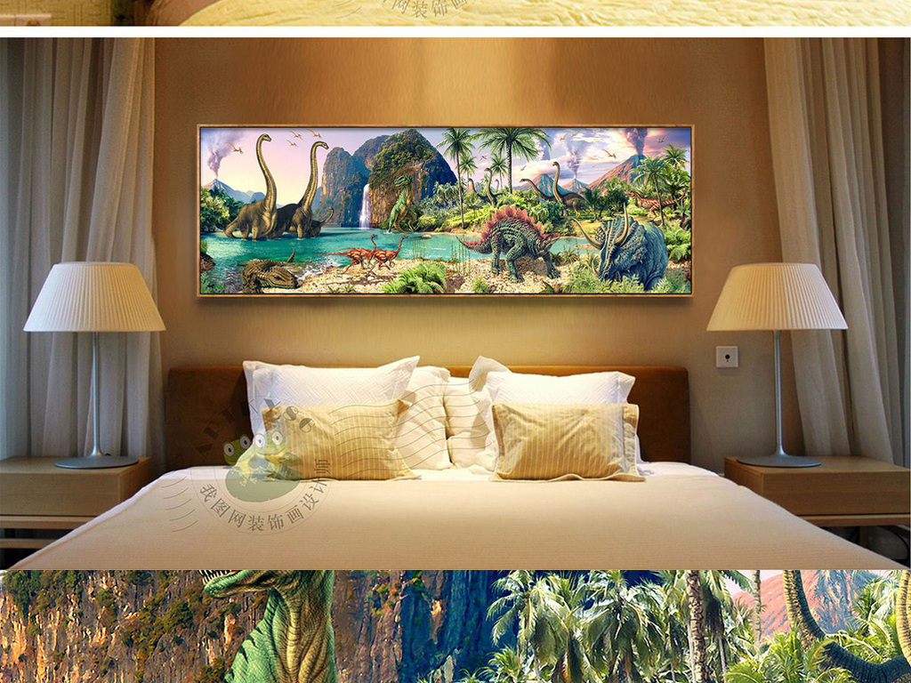可爱卡通侏罗纪恐龙世界漫画儿童油画床头画高清图片下载 图片编号