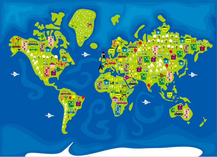 高清矢量手绘卡通世界地图背景墙