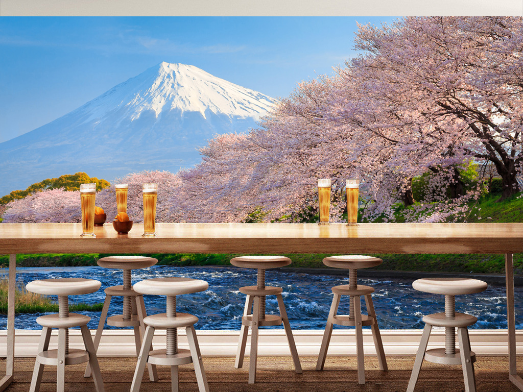 日本风光富士山樱花树客厅电视背景墙