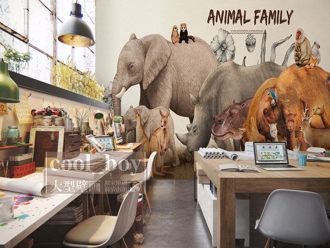 动物大象犀牛长颈鹿餐厅工装立体背景墙效果图