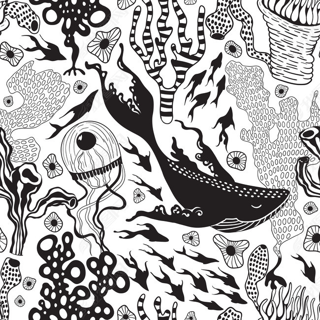 女式长裙个性黑白手绘海底世界矢量印花图案图