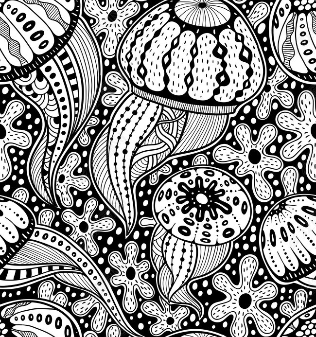 女式长裙个性黑白手绘海洋水母矢量印花图案图