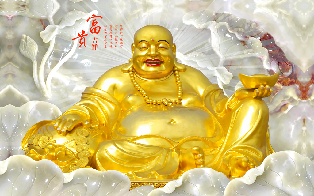金色弥勒佛玉雕莲花背景墙电视墙装饰画