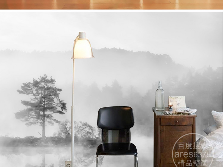 黑白风景意境文艺水墨远山水中小树壁画(图片