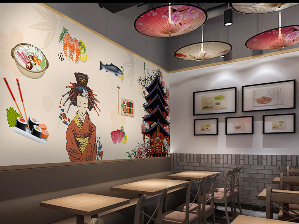 手绘卡通日本料理寿司背景墙效果图(图片编号:)