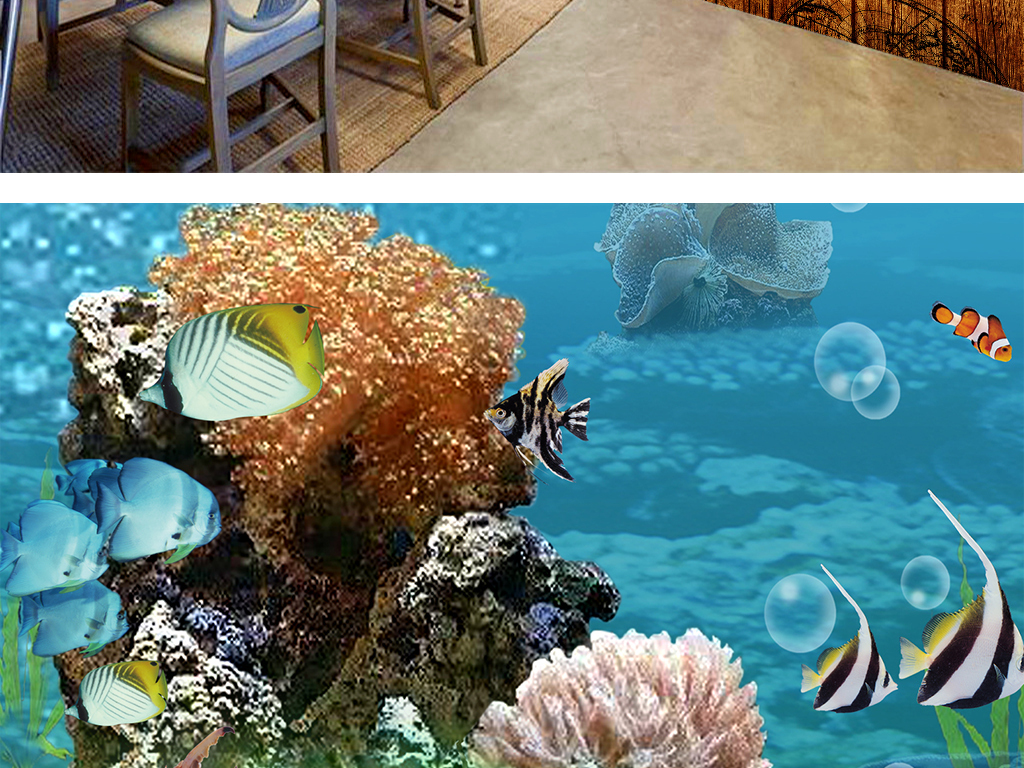 海洋世界动物沉船木板3D船餐厅工装背景墙
