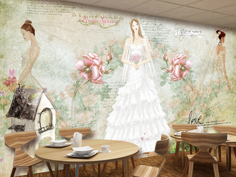 韩式唯美婚纱新娘英文餐厅婚纱店影楼背景墙
