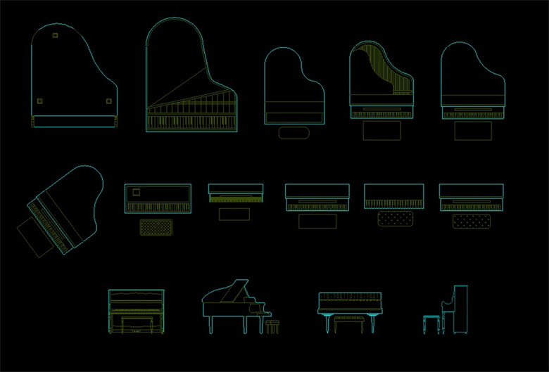 乐器钢琴结构设计模块cad平面图块效果图模板