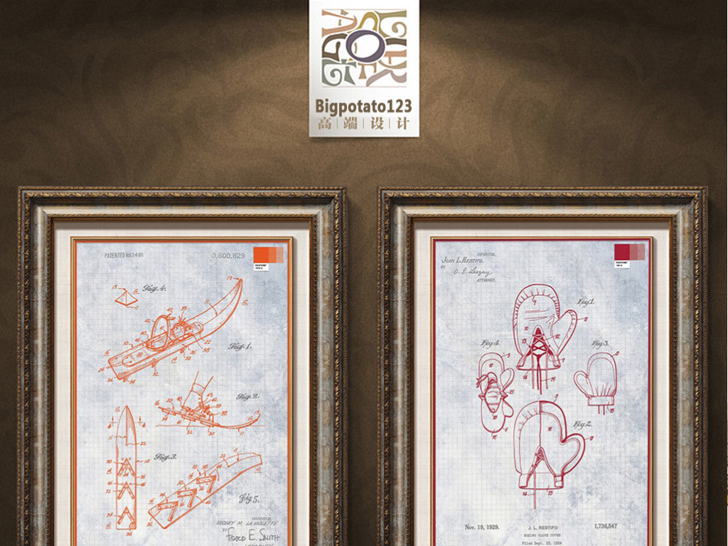 橙色红色简易勾勒拳击手套船只英文油画