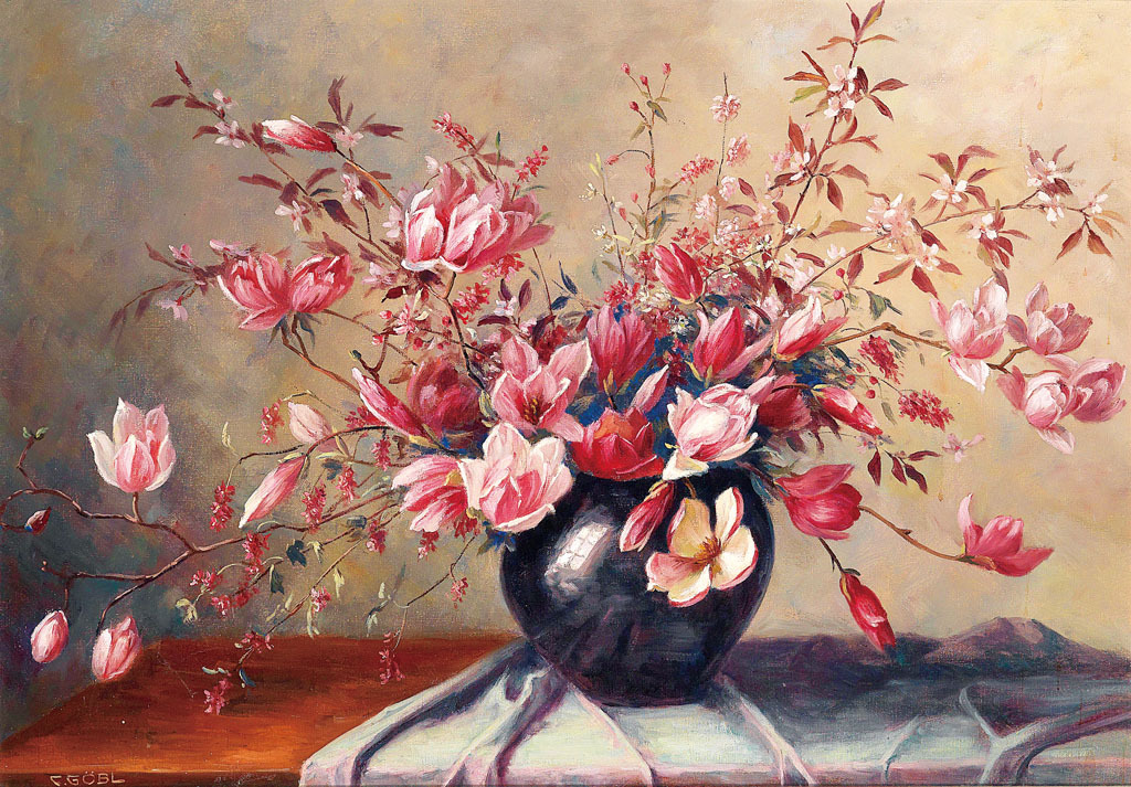 古典静物油画粉色花卉