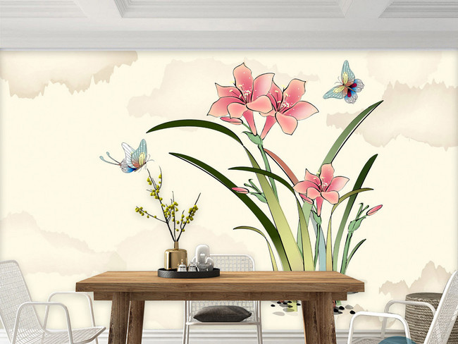 君子兰蝴蝶水墨唯美意境诗意画意壁画背景墙效