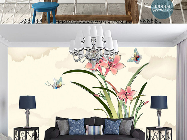 君子兰蝴蝶水墨唯美意境诗意画意壁画背景墙效