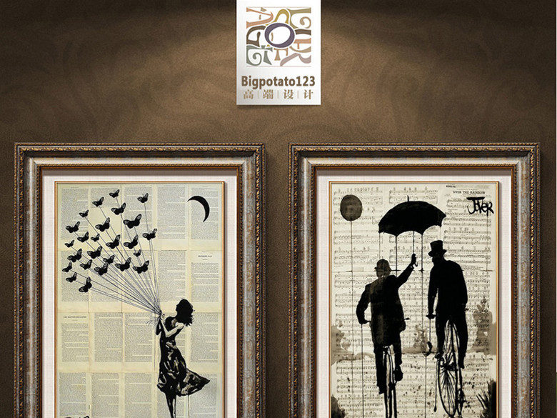 黑色英文报纸画长裙美女骑单车帅哥人物油画(