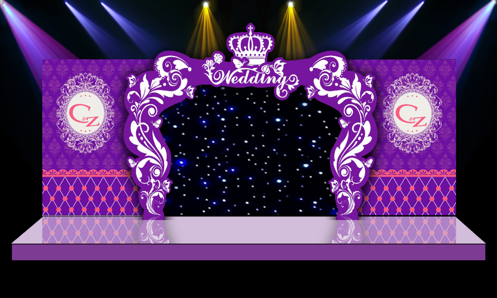 紫色浪漫婚礼喷绘舞台迎宾区背景设计源文件图
