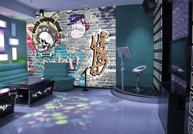 复古涂鸦嘻哈人物街舞舞蹈室背景墙效果图(图