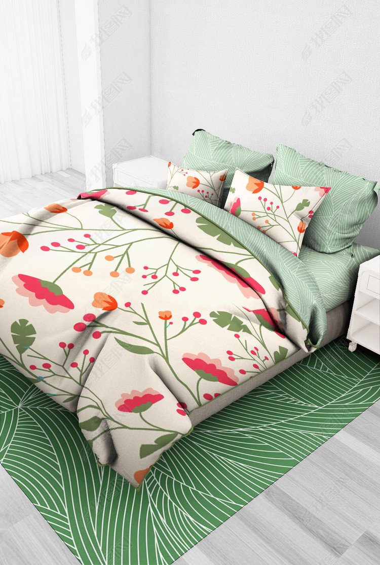 清新雏菊绿叶床上用品四件套印花图案设计