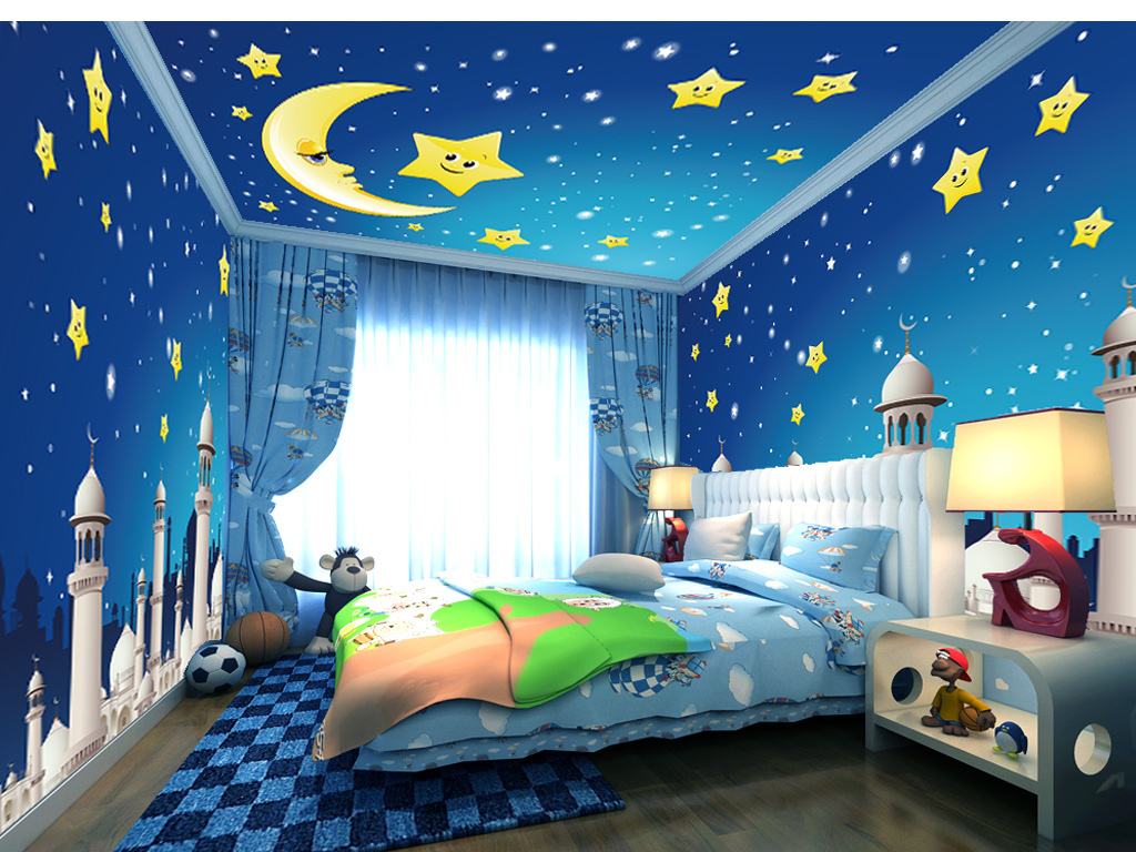 儿童房壁画星空唯美电视背景墙3d电视背景墙艺术玻璃电视背景墙中式图片