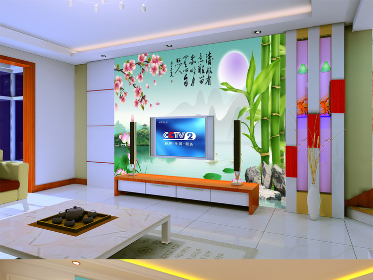 竹子荷花桃花天鹅山水画电视背景墙