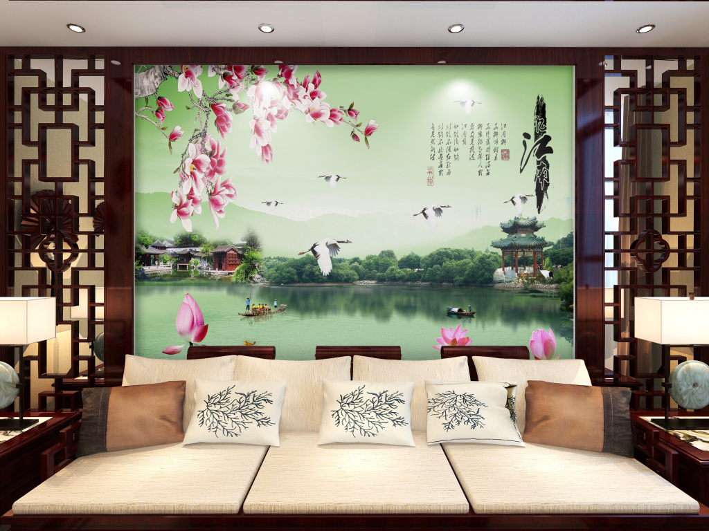江南风景山水画电视机背景墙设计