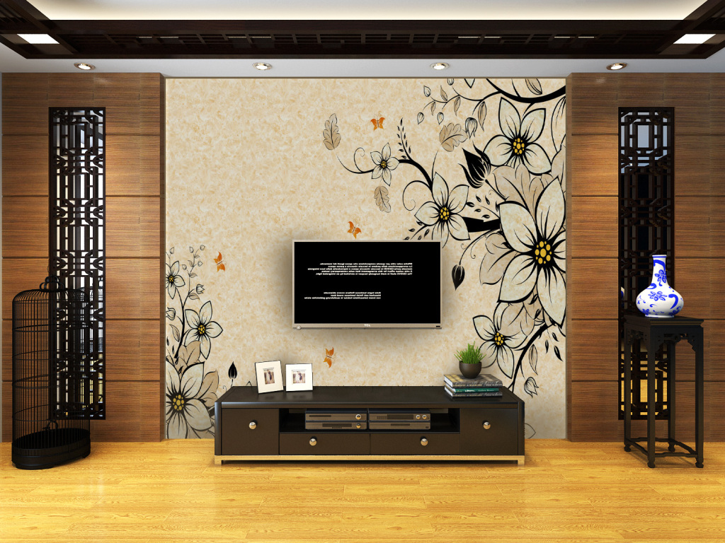 手绘花卉蝴蝶简易电视机背景墙设计