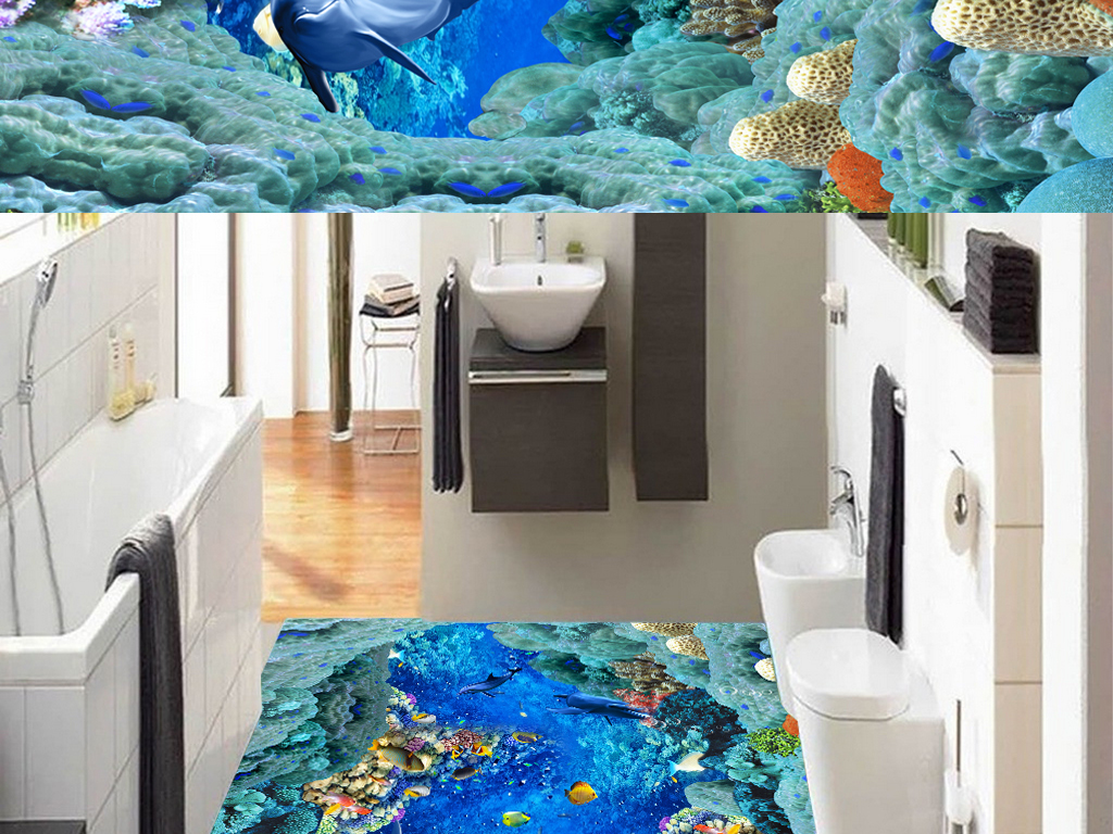 海底世界海豚浴室厨房走道3D立体画地板