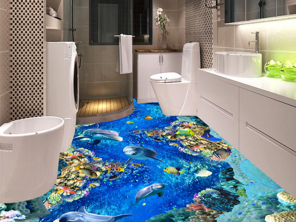 海底世界海豚浴室厨房走道3D立体画地板