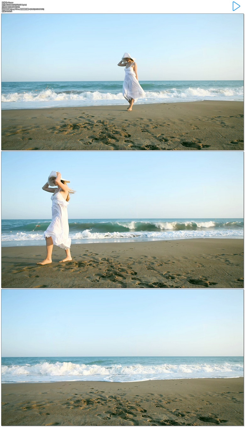赤脚走在海滩上的白色长裙美女
