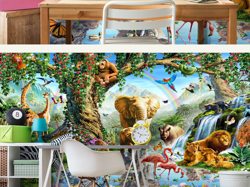 五彩缤纷森林彩虹动物世界儿童房背景墙