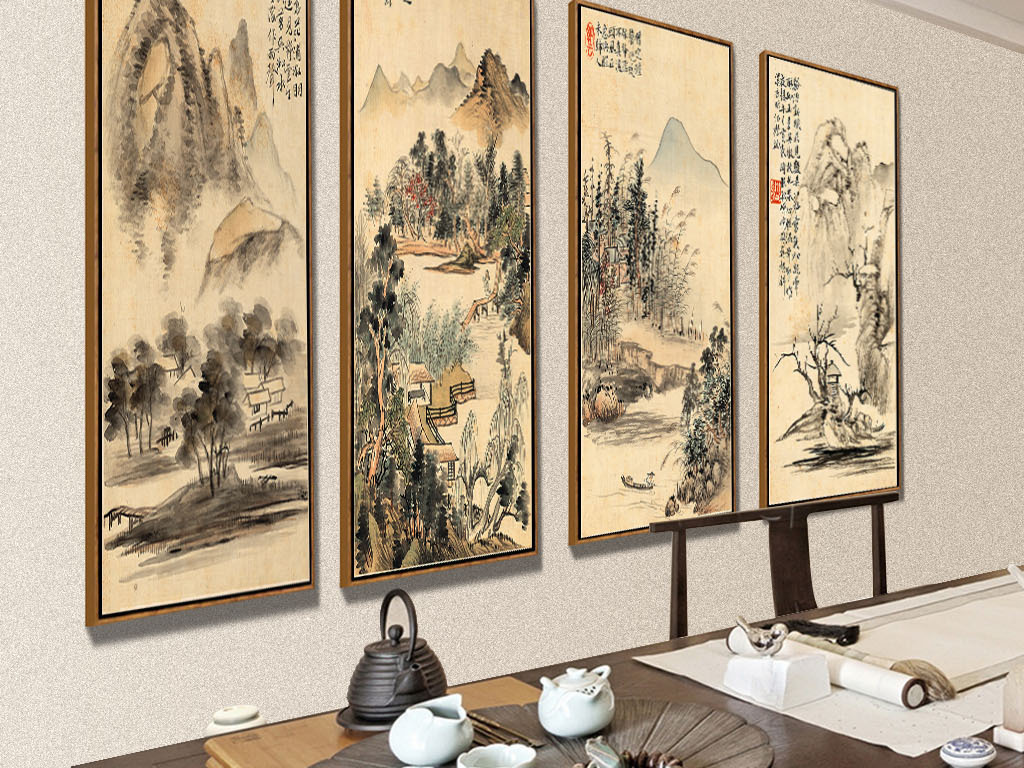 新中式竖幅山水国画风景四联客厅挂画