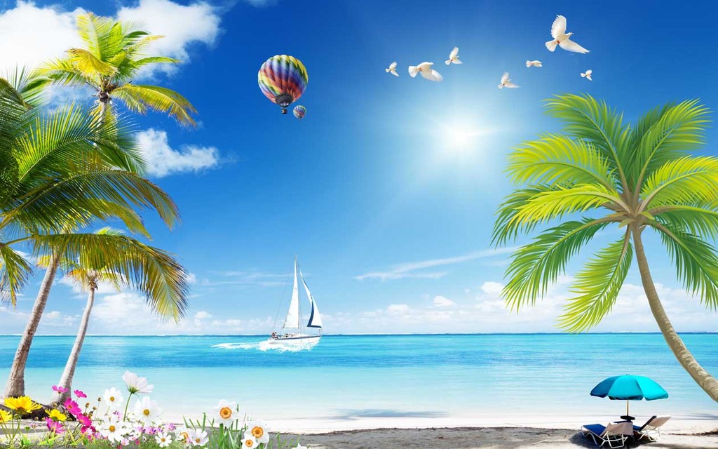 海边椰树大海蓝天白云背景墙