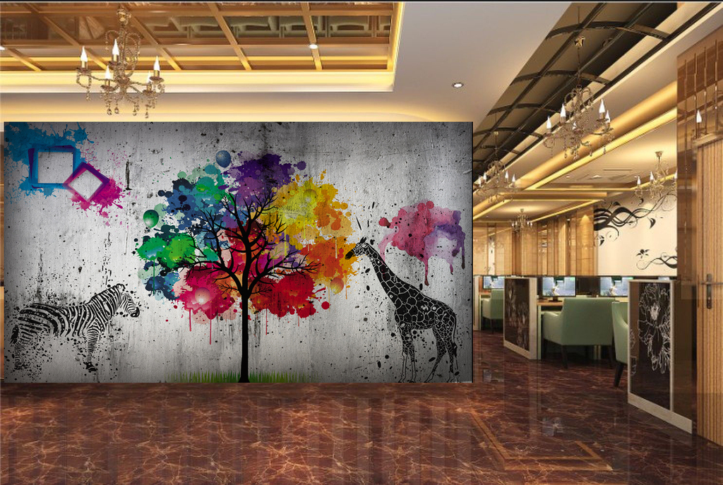 街头涂鸦斑马梅花鹿大树树叶工装背景墙