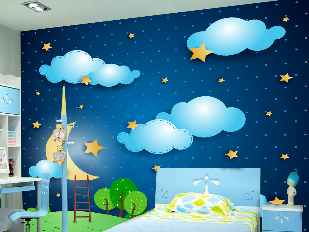 卡通夜晚星空贴画儿童房背景墙