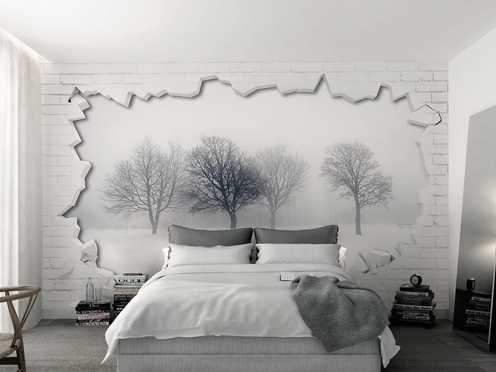砖墙北欧现代风格树林3d立体背景墙壁画