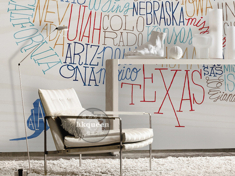 欧式手绘英文字母排列河流抽象墙纸壁画(图片