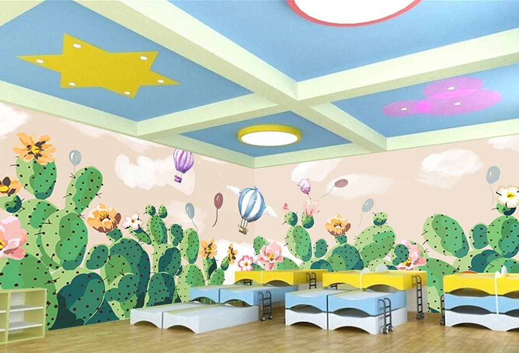 手绘仙人掌儿童房背景墙