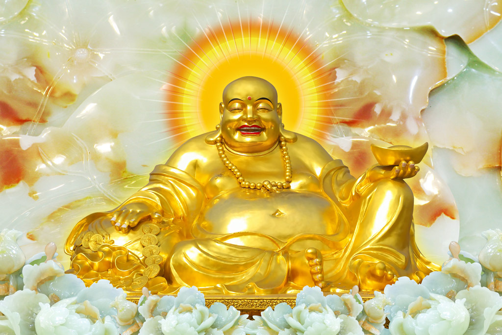 玉石背景金色弥勒佛背景墙壁画电视墙