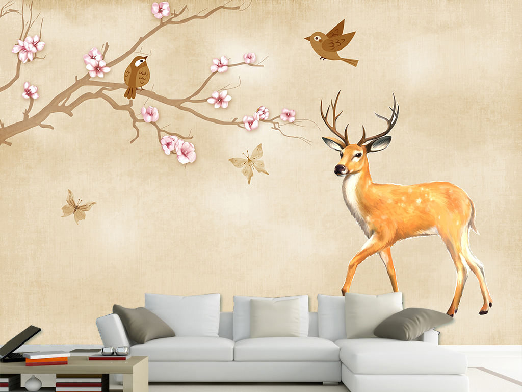 手绘鹿电视背景墙图片_写写画画展示台