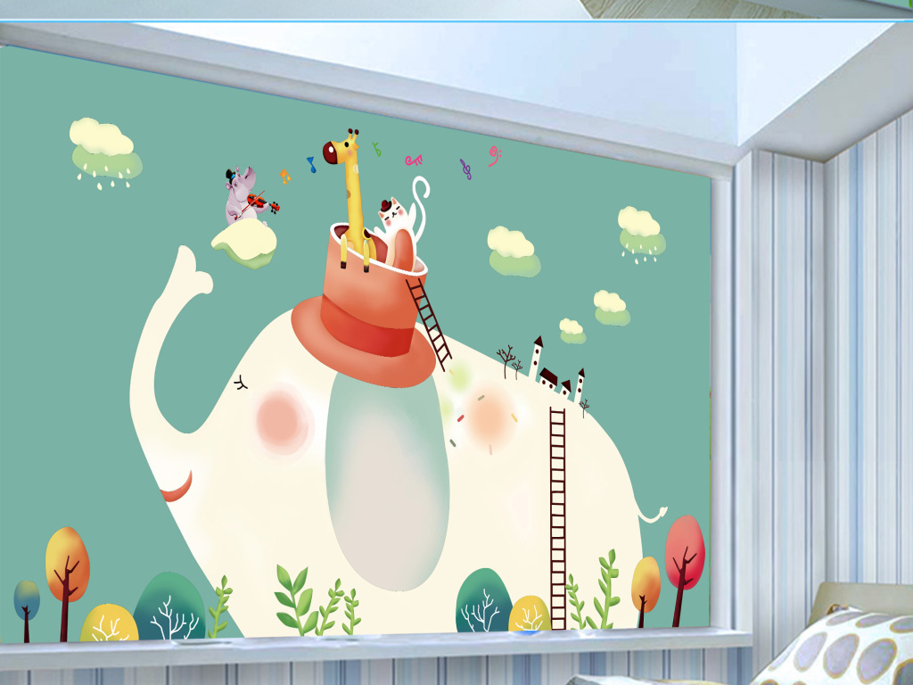 星星月亮飘带卡通独角兽手绘背景装饰画背景卡片背景服装图案水彩彩虹